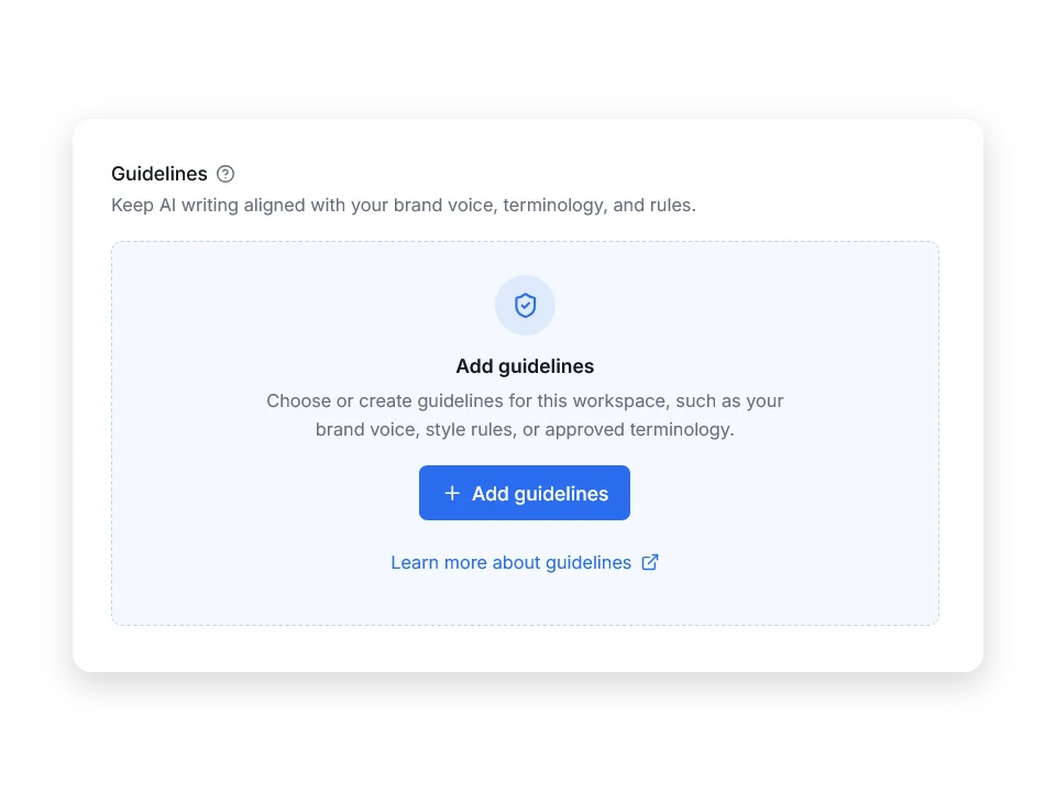 Guidelines settings with an Add guidelines form for brand voice, style rules, and approved terminology