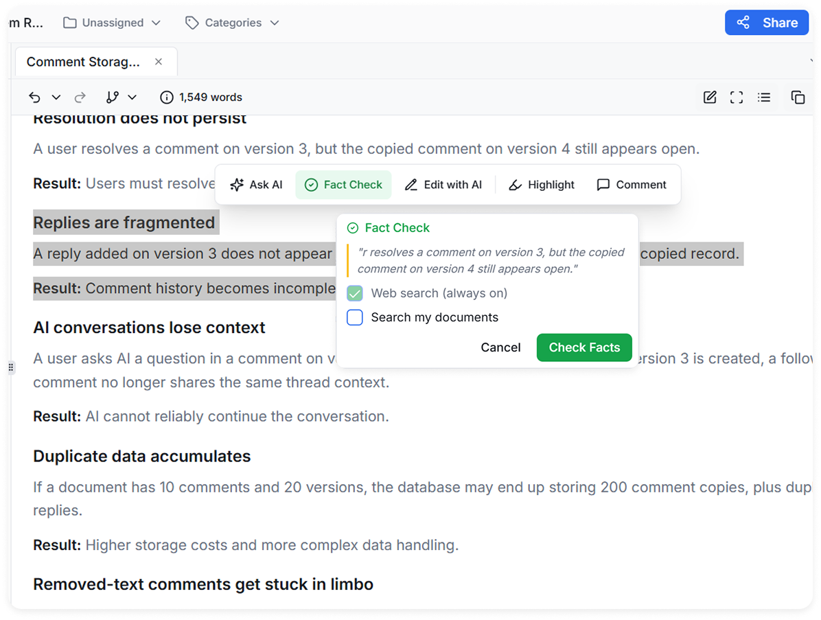 Built-in fact checking and reference validation